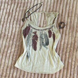 Y2K Country Style Guess Cream Feather Print Tank Top